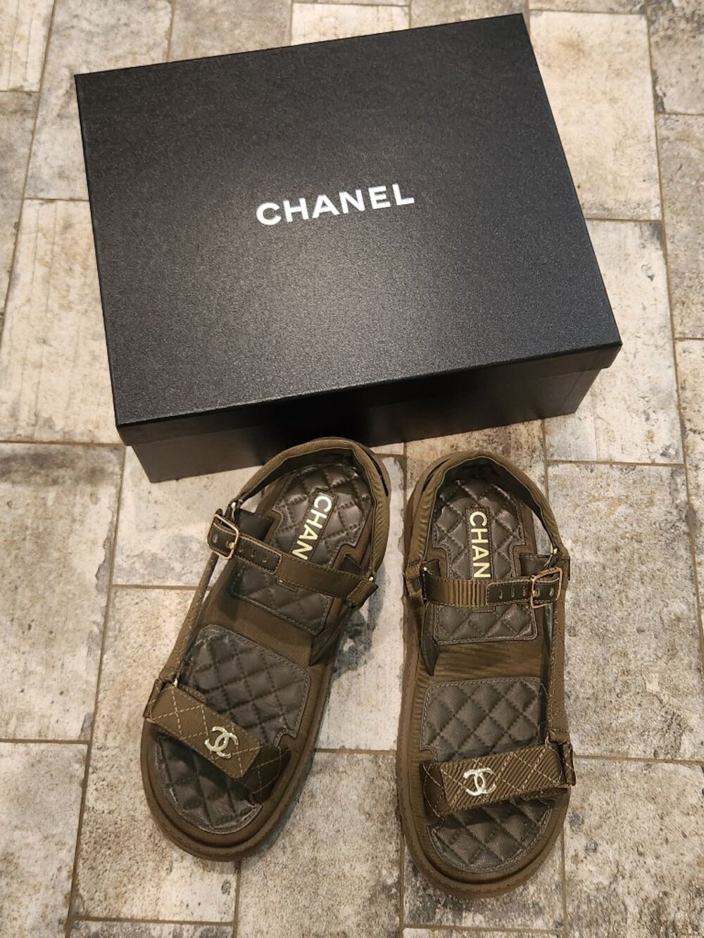 Khaki Chanel Slingback Sandals, Authentic, LNWT